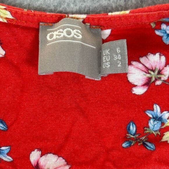 ASOS Midi Dress Womens 2 Fit & Flare Wrap Red Floral Long Sleeve V Neck - Picture 3 of 7
